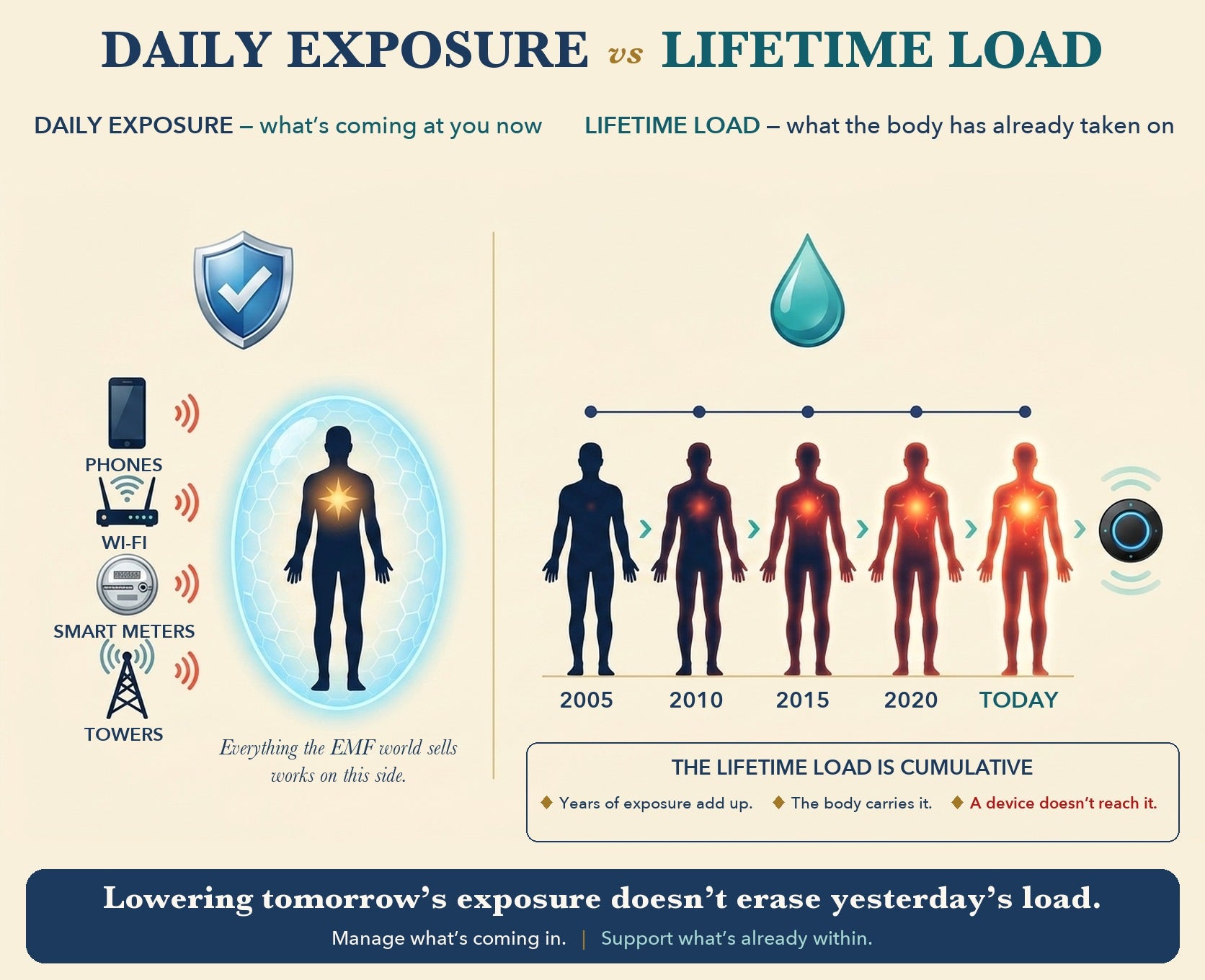 Chart comparing two measures: daily exposure — what arrives now and can be reduced with distance, limits and shielding — and lifetime load, a running total that builds over the years.