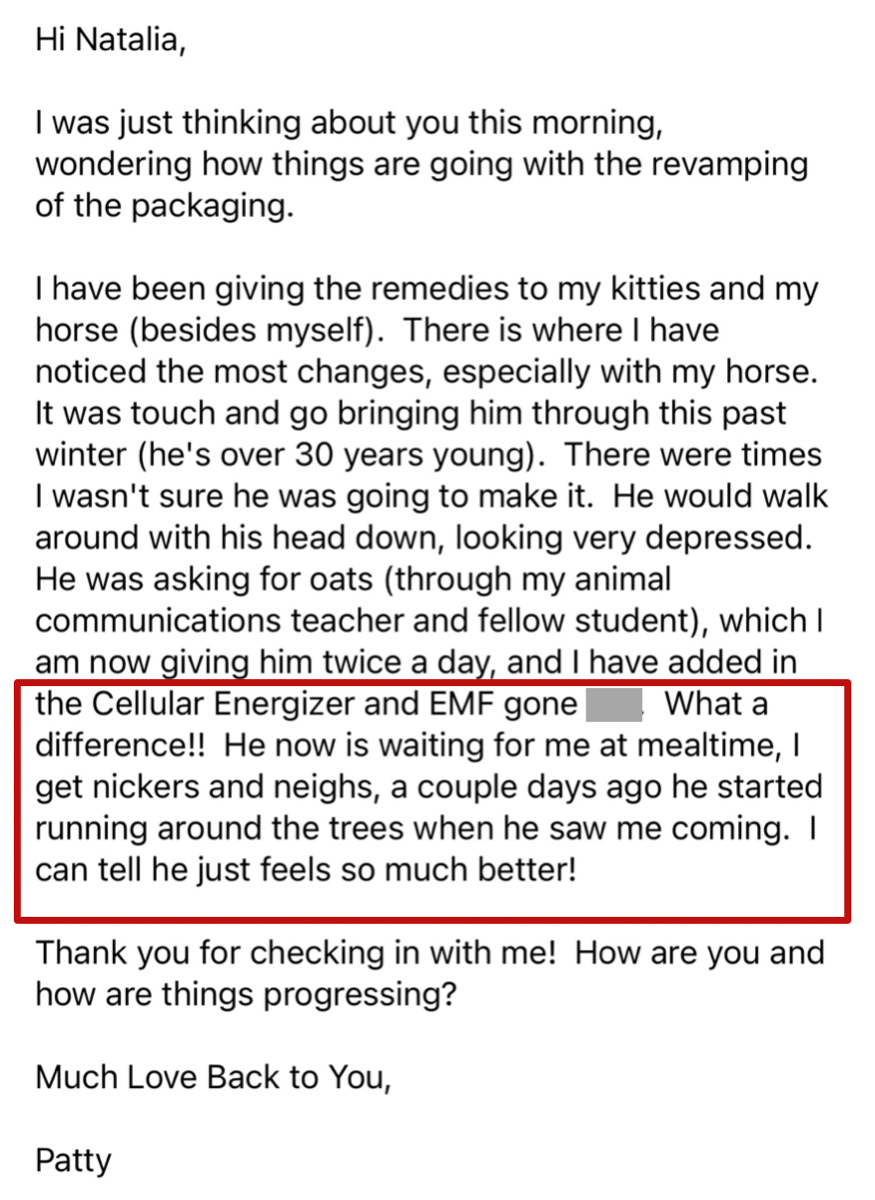 Customer email about her 30-year-old horse