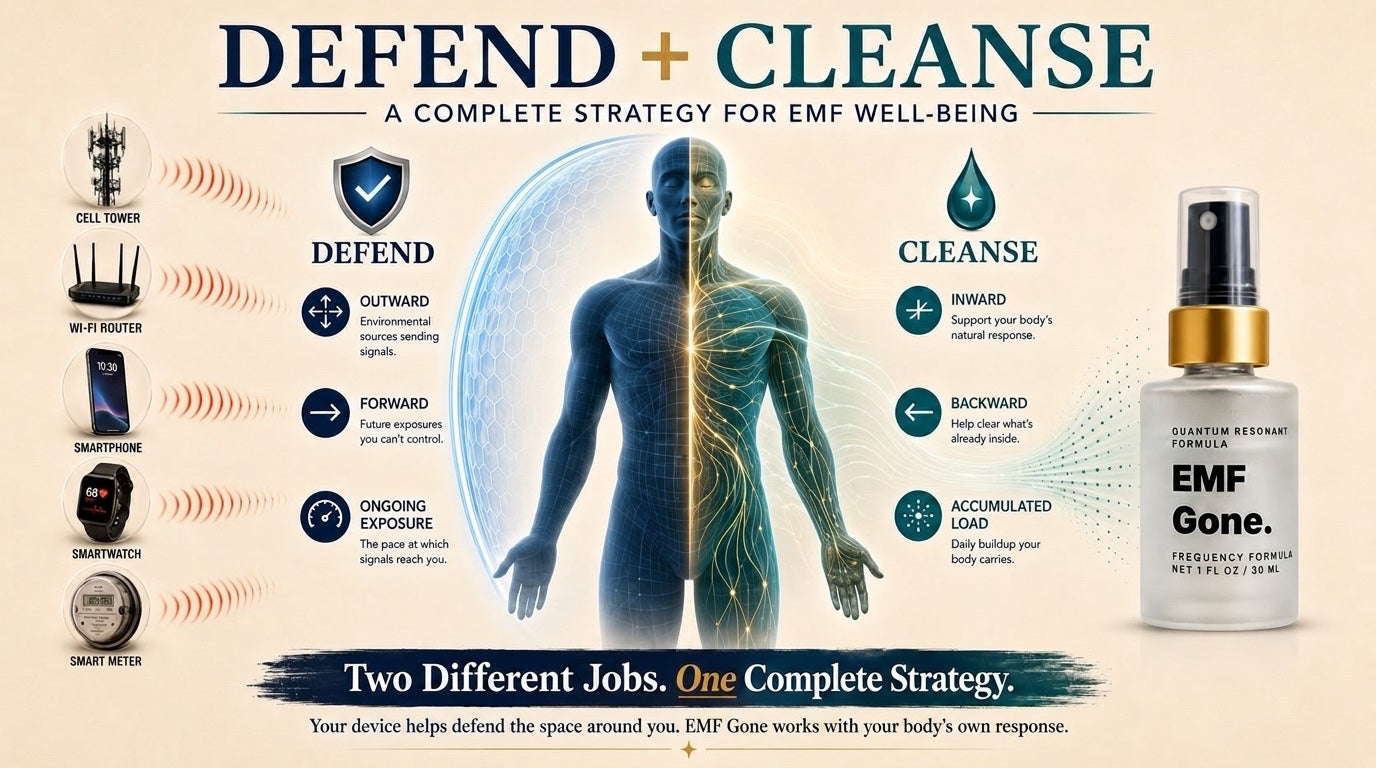 Defend plus Cleanse — two complementary jobs. Defend: the ongoing outside exposure. Cleanse: a daily routine focused on the body's own response to past exposure.
