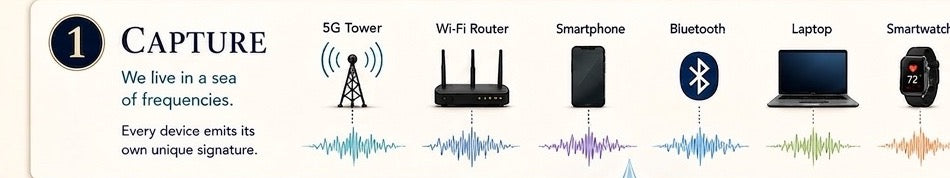 Step 1 — Capture: we live in a sea of frequencies. Every device emits its own unique signature: 5G tower, Wi-Fi router, smartphone, Bluetooth, laptop, smartwatch.